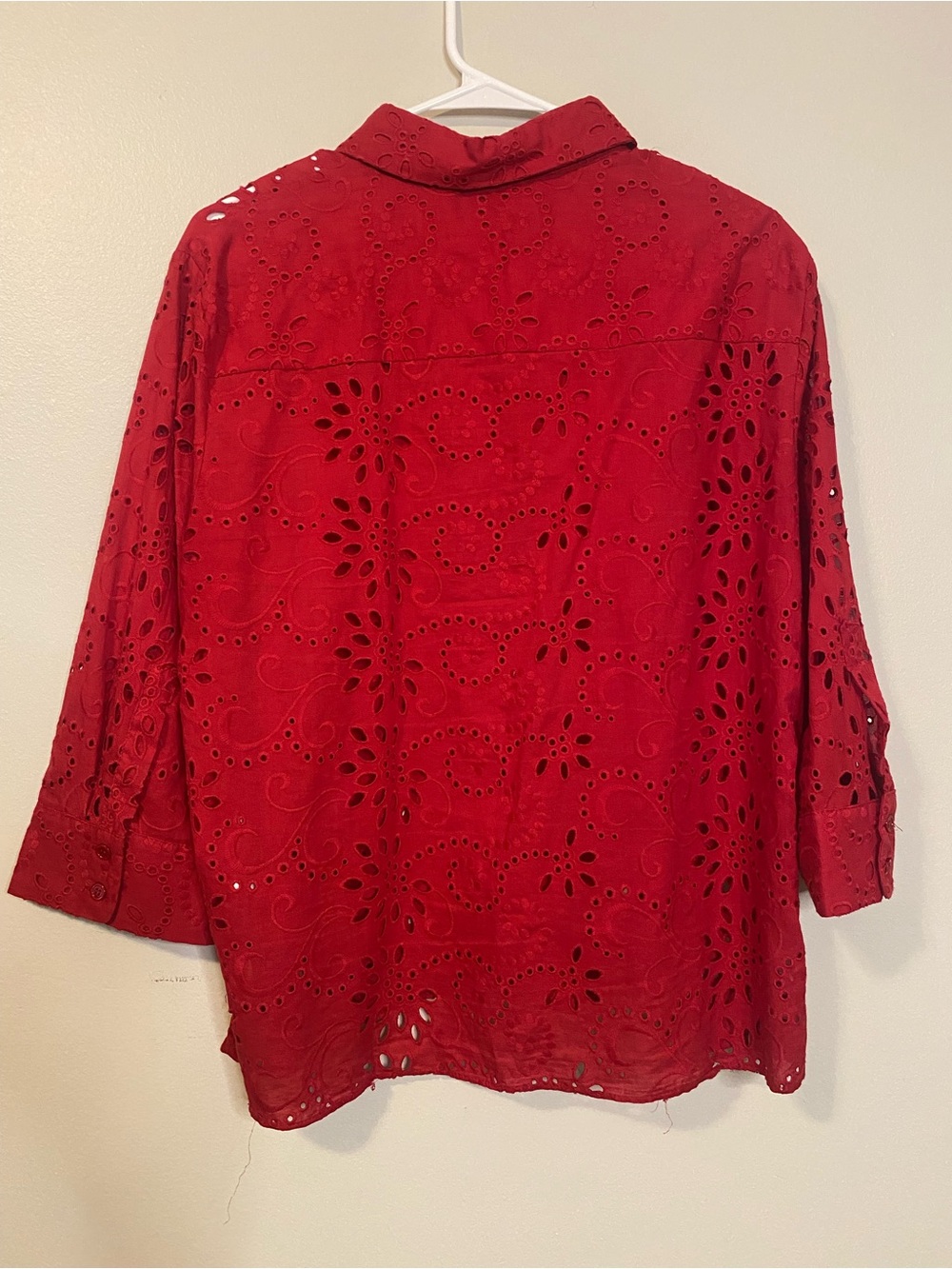 Zara ZW Collection Embroidered Poplin Shirt Red Eyelet Cutwork XL 8005/916 - Picture 4 of 10